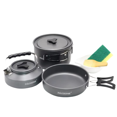 Portable Camping Cookware Set: Pot, Pan, Kettle & Tableware