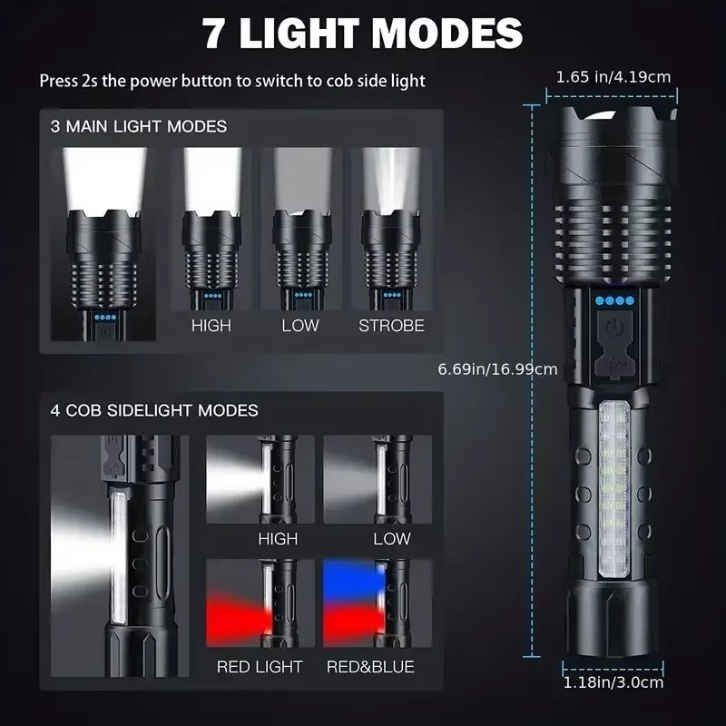 Tactical Flashlight, USB Rechargeable, Zoom Torch