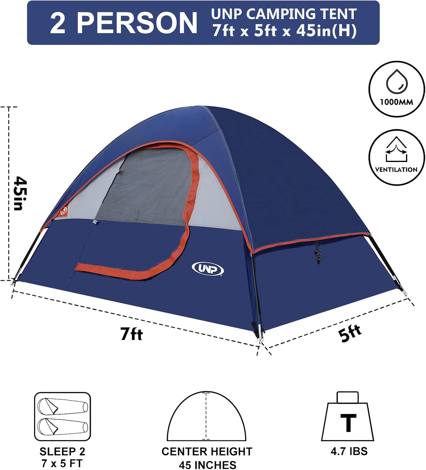 Camping Tent 2 Person, Waterproof Windproof Tent with Rainfly Easy Set Up