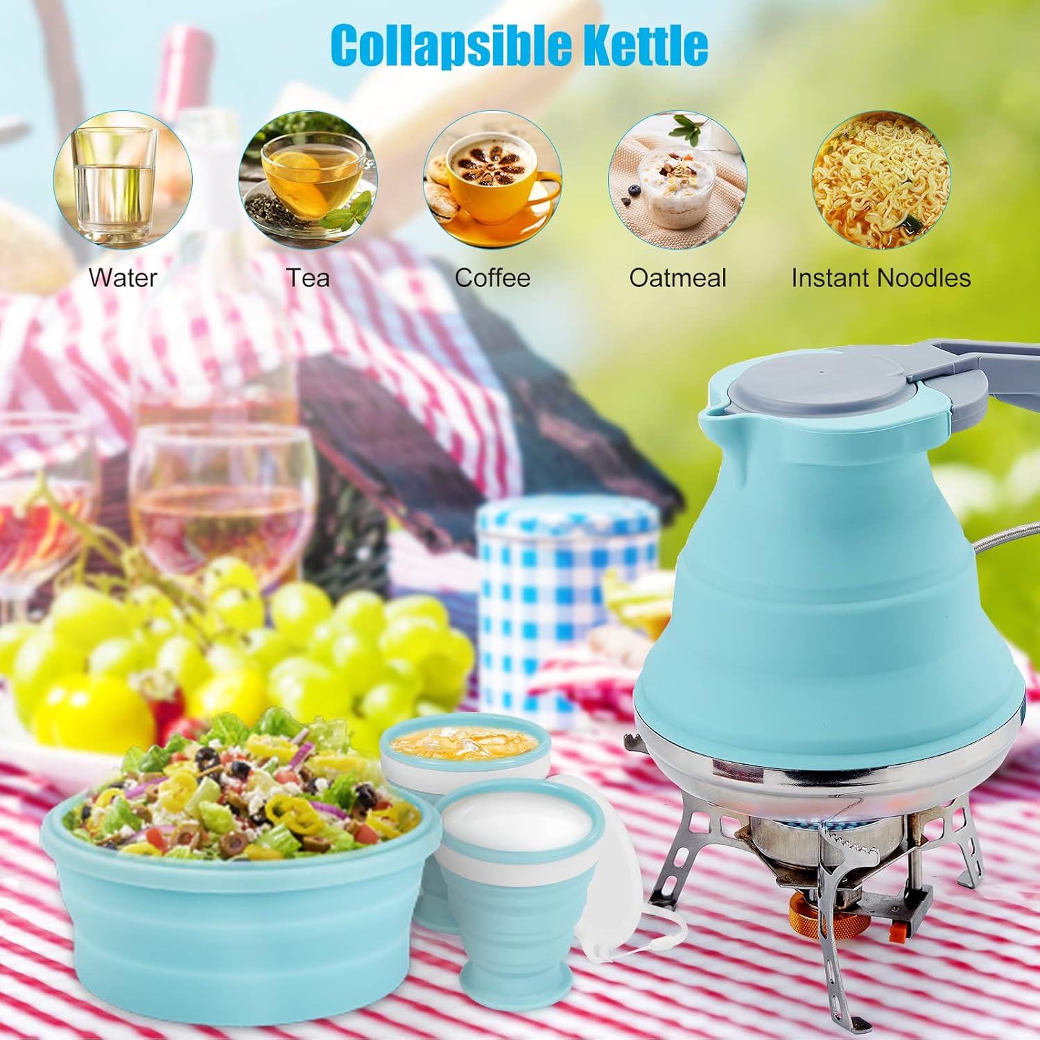 Portable Collapsible Camping Kettle, 1.5L/ 52OZ Foldable Silicon