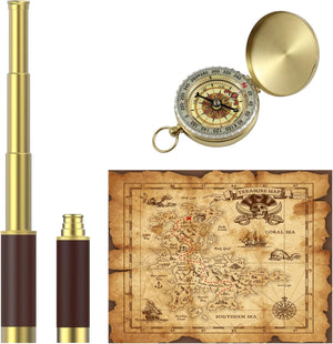 Pirate Treasure Map Set: Monocular Telescope & Pocket Compass