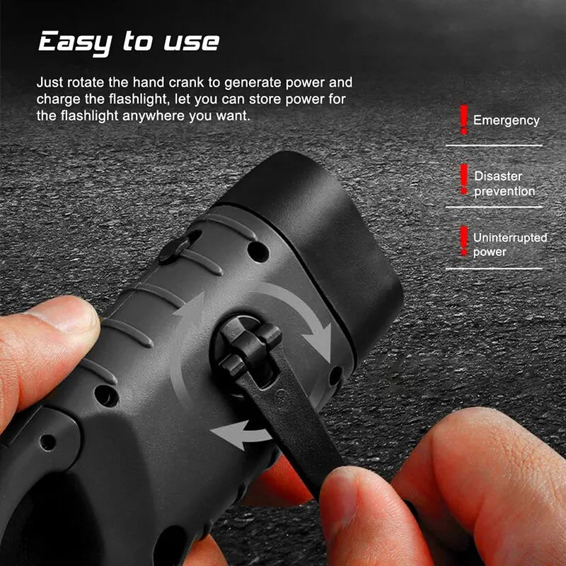 LED Flashlight Hand Crank Charging Solar Powered Rechargeable Survival Gear Self Powered Charging Hiking Torch Dynamo