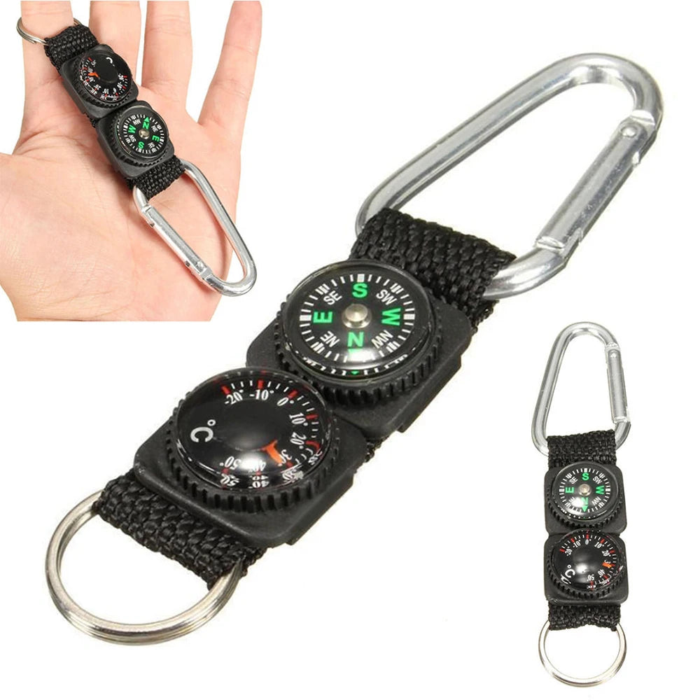 3-in-1 Mini Carabiner Keychain with Compass, Thermometer & Hanger