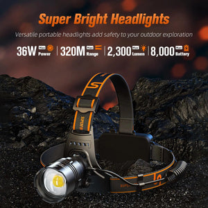 Rechargeable Headlamp - 8000mAh USB-C Zoomable Headlight for Fishing & Camping