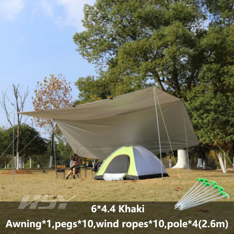 Khaki 6X4.4M Ultralight Tarp Outdoor Camping Survival Sun Shelter Shade Awning Silver Coating Pergola Waterproof Beach Tent