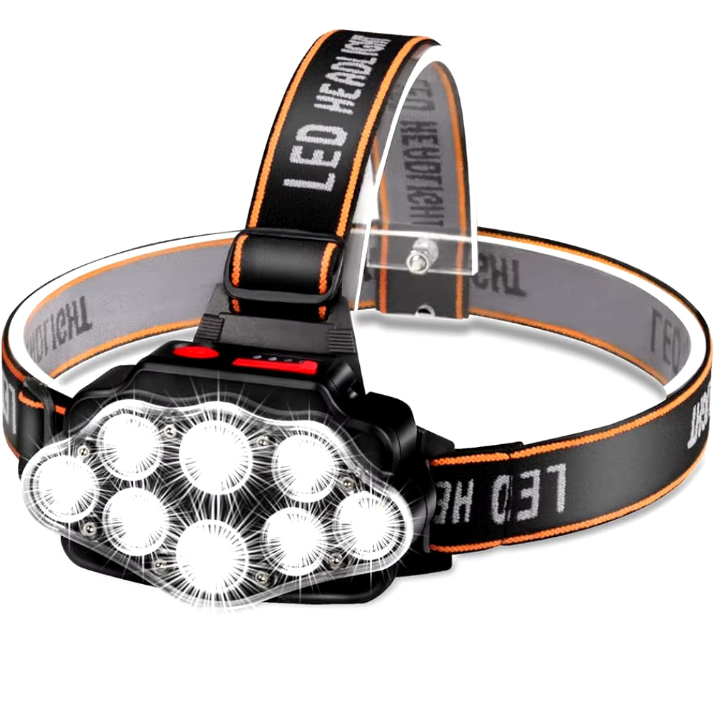 High Lumen USB Rechargeable LED Headlamp, Waterproof, 8 LEDs